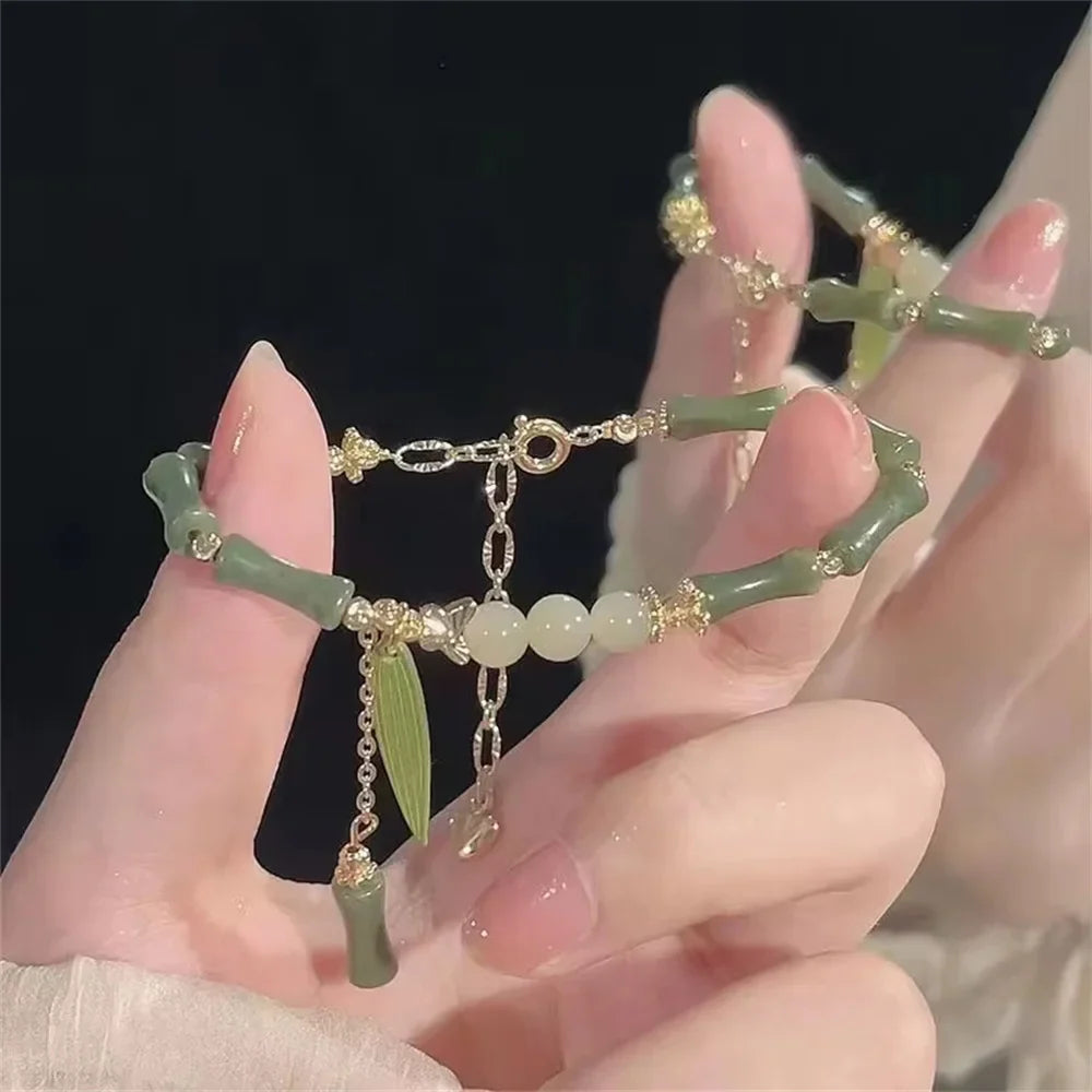 Handmade Green Natural Stone Bamboo Leaf Beaded Bracelet Beaded Bracelet Qme