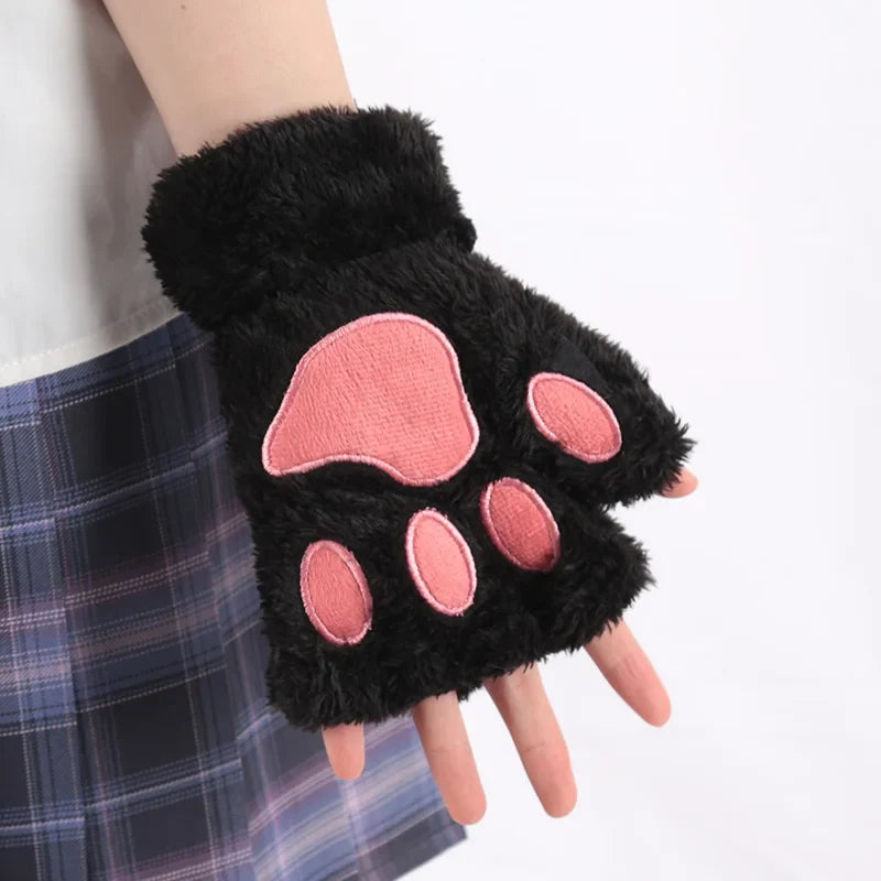 Women's Plush Cat Claw Gloves – Cute Bear Paw Fingerless Mittens Fingerless Novelty Gloves Qme