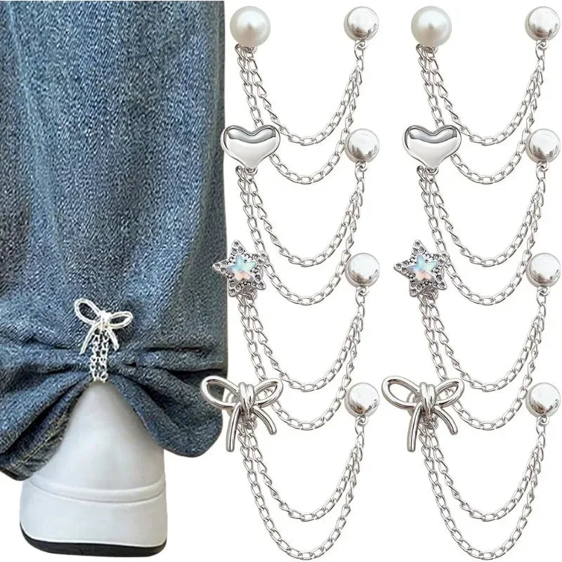 Multi-Layer Tassel Chain Jeans Cuff Clips – Bow Star Pearl Decorative Cuff Clip Qme