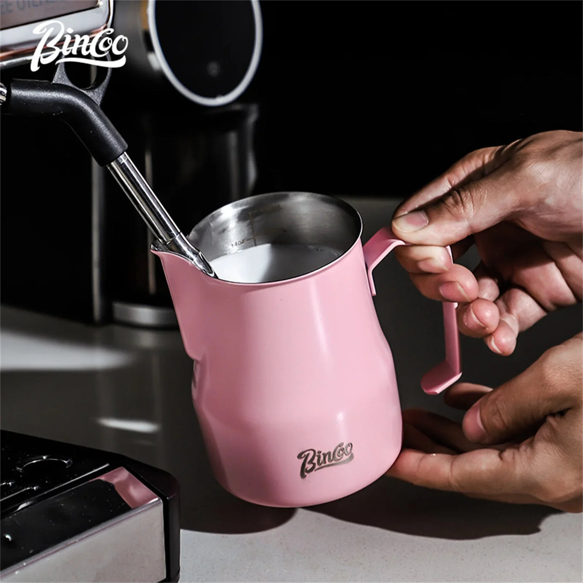 Bincoo Pink Stainless Steel Milk Frothing Pitcher 300/450ml Milk Frothing Pitcher Qst