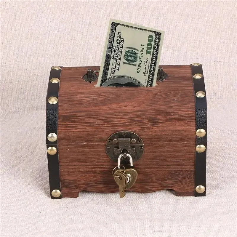 Vintage Wooden Treasure Chest Piggy Bank with Lock Decorative Piggy Bank Qme