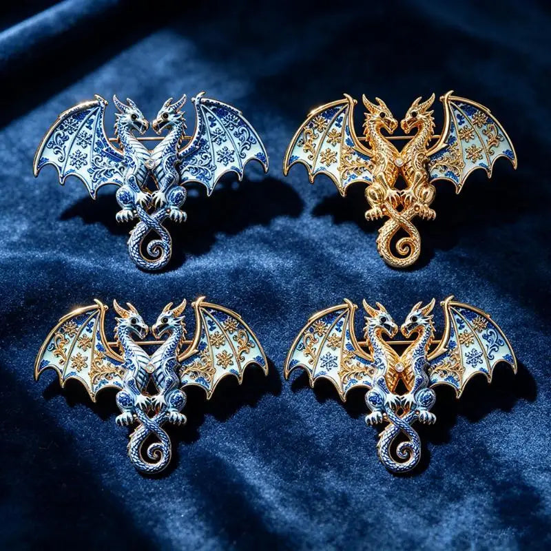 Double-Headed Dragon Brooch | Blue & White Enamel Lapel Pin Enamel Lapel Pin Qme