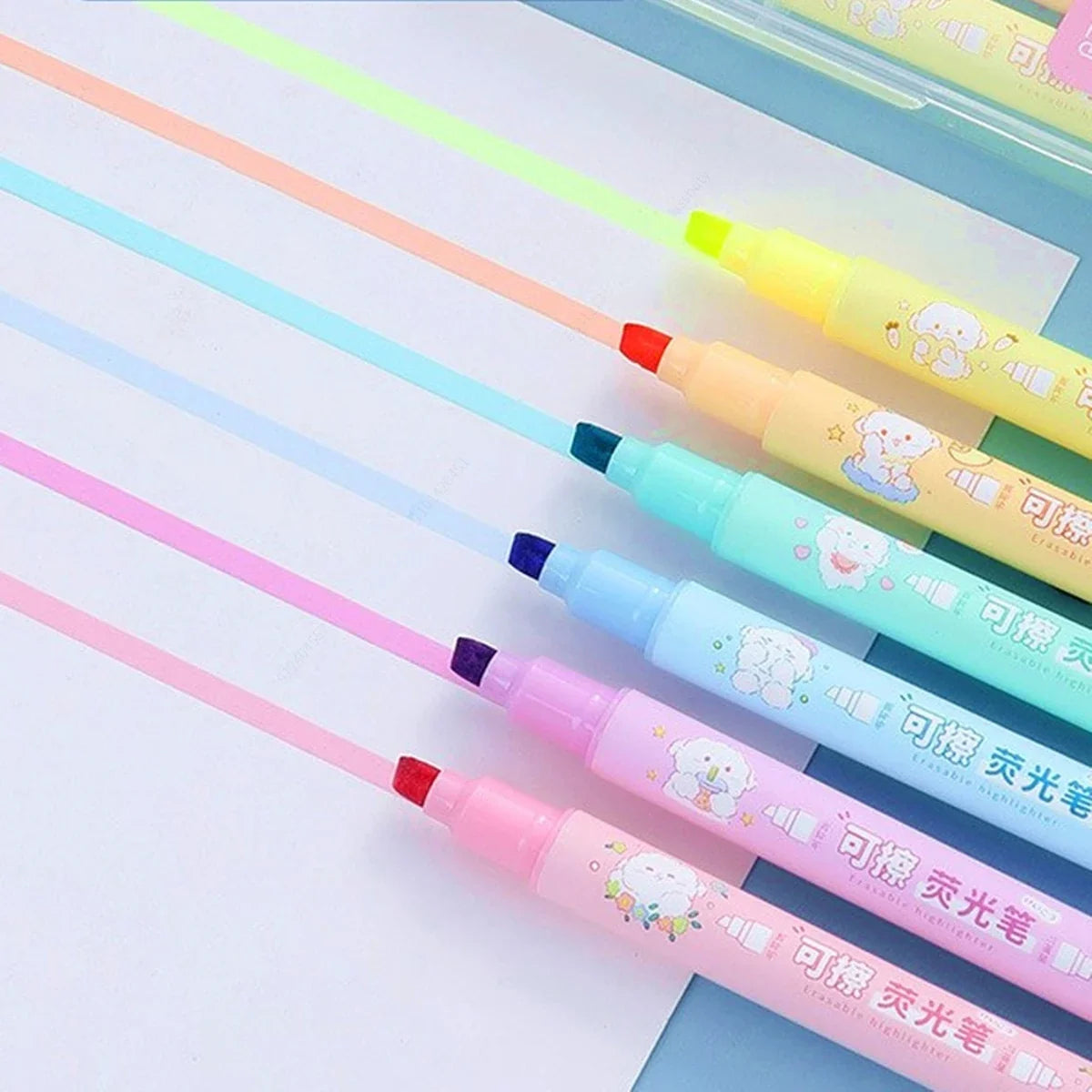6-Color Double-Ended Erasable Highlighters | Kawaii Stationery Erasable Highlighter Set Qme