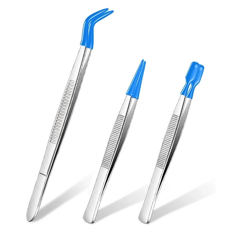 Silicone Tip Tweezers – Non-Marring Flat Bent Tip | 3 Colors Cosmetic Tweezers Qme