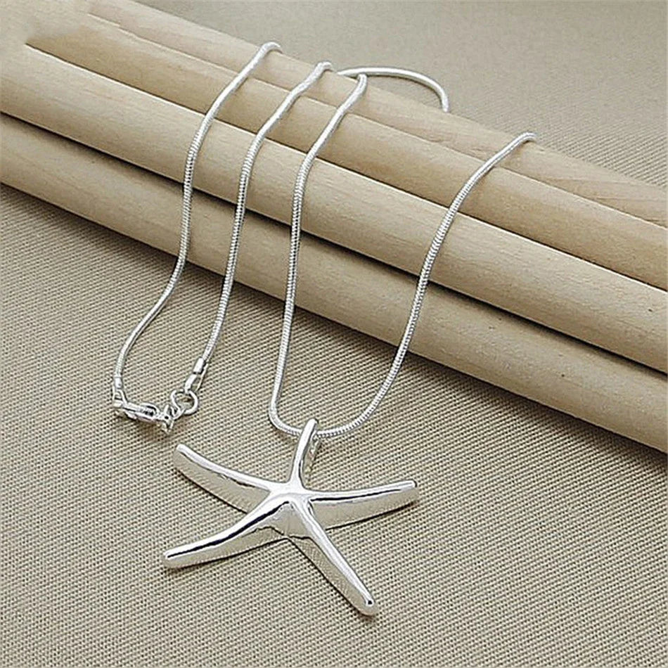 925 Sterling Silver Star & Starfish Charm Necklace | Qme Sterling Silver Necklace Qme