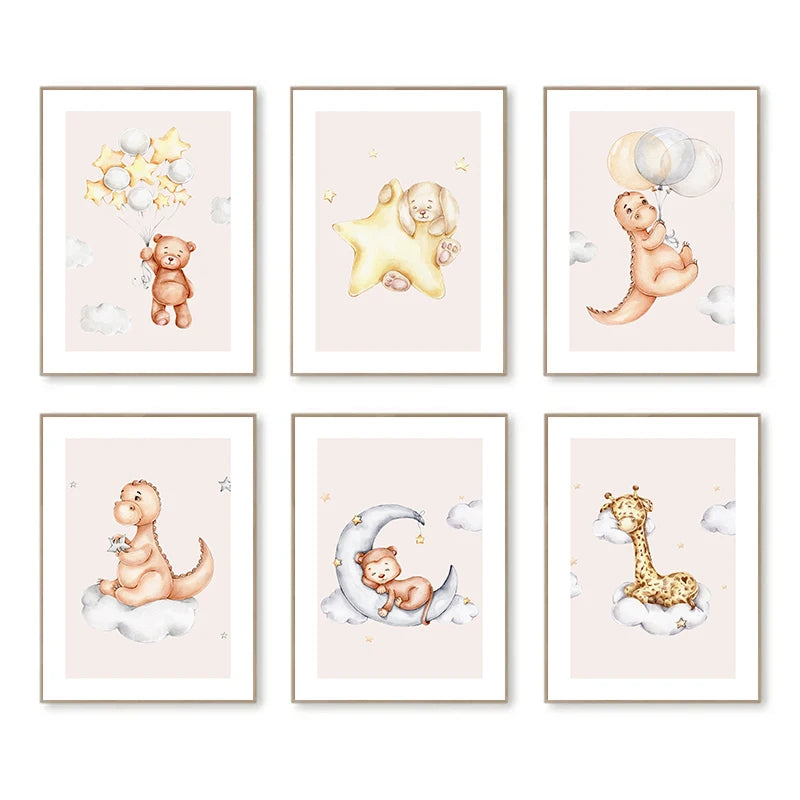 Cartoon Animals Moon Stars Canvas Wall Art Poster | Home Decor Canvas Wall Art Qst