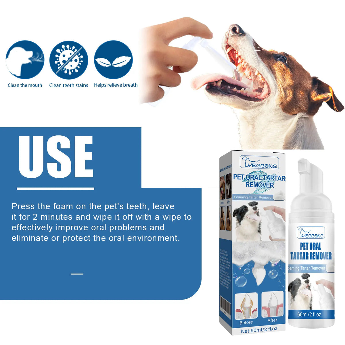 YEGBONG 60ml Pet Dental Foam – Tartar & Plaque Cleaner Pet Dental Foam Qst