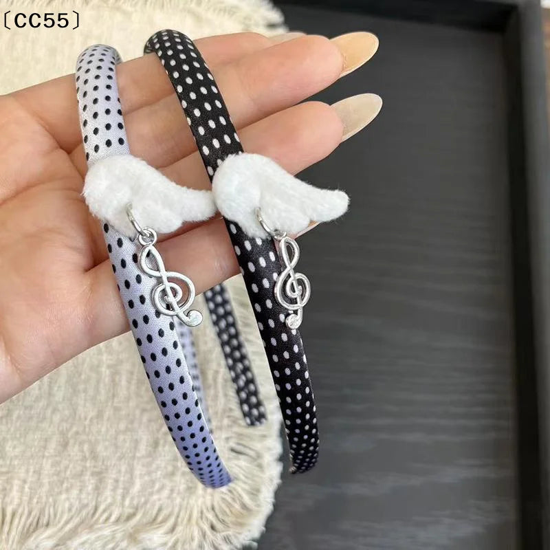 Polka Dot Music Note Headband – Kawaii Plush Wing Hairband Decorative Headband Qst