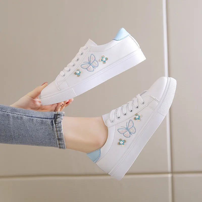 Women's White Lace-Up Flat Sneakers – Breathable Casual Shoes Women's Flat Sneakers Qst Blue 38