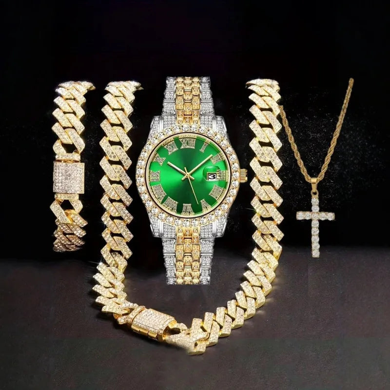 Hip Hop Diamond Watch, Bracelet & Necklace Set – 10 Colors Hip Hop Watch Set Qme