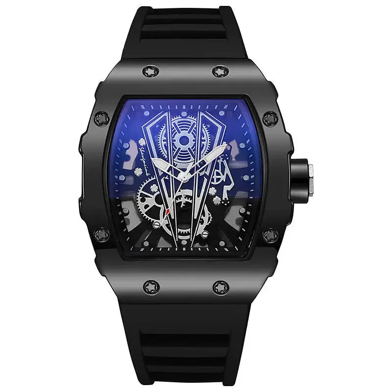 Men's Wine Barrel Skeleton Quartz Watch | Silicone Strap Men's Quartz Watch Qme 1PC Black Black