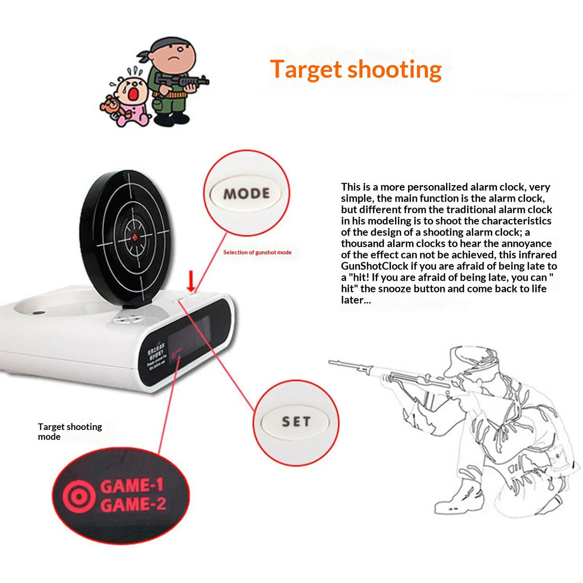 Target Alarm Clock Gun LED Display Personalized Ringtones Novelty Alarm Clock Qme