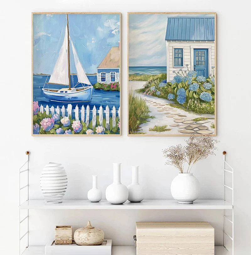 Vintage Coastal Beach Canvas Wall Art – Sailboat & Seashell Canvas Wall Art Qst