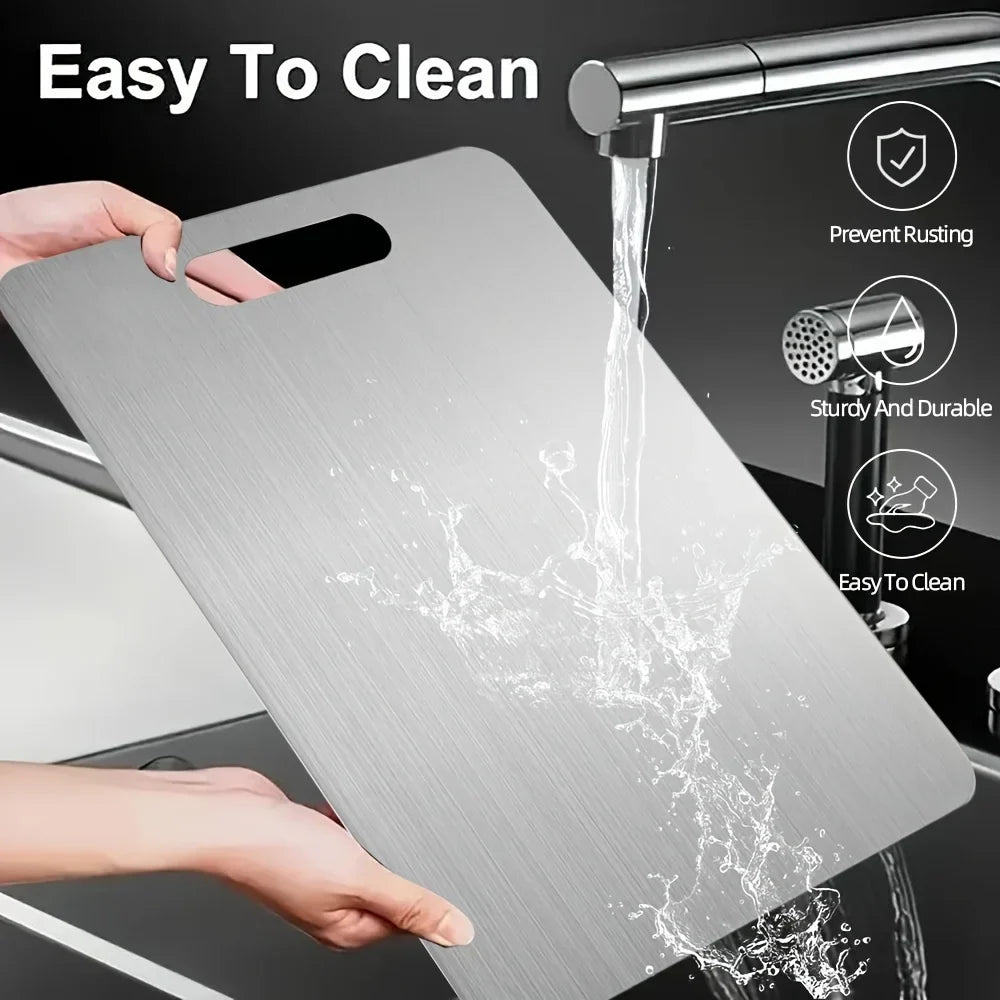 Stainless Steel Cutting Board with Double-Sided Handle | Qme Stainless Steel Cutting Board Qme
