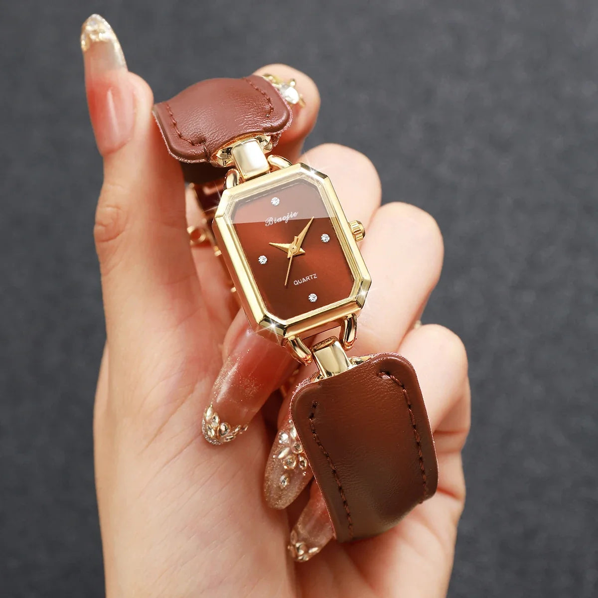 Women's Rectangle Dial Quartz Watch | White Leather Strap Ladies Quartz Watch Qme