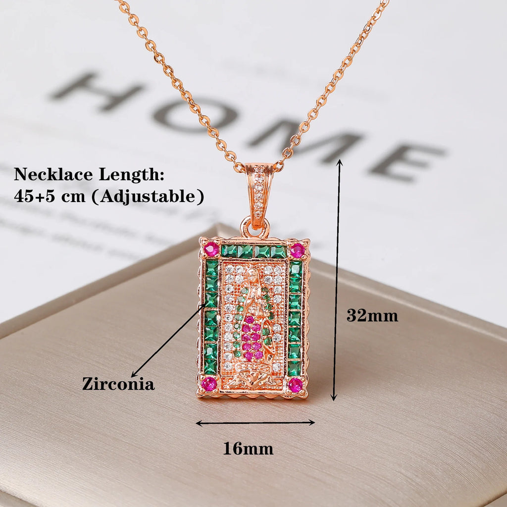 Zirconia Virgin Mary Pendant Necklace | Gold Plated CZ Religious Pendant Necklace Qme