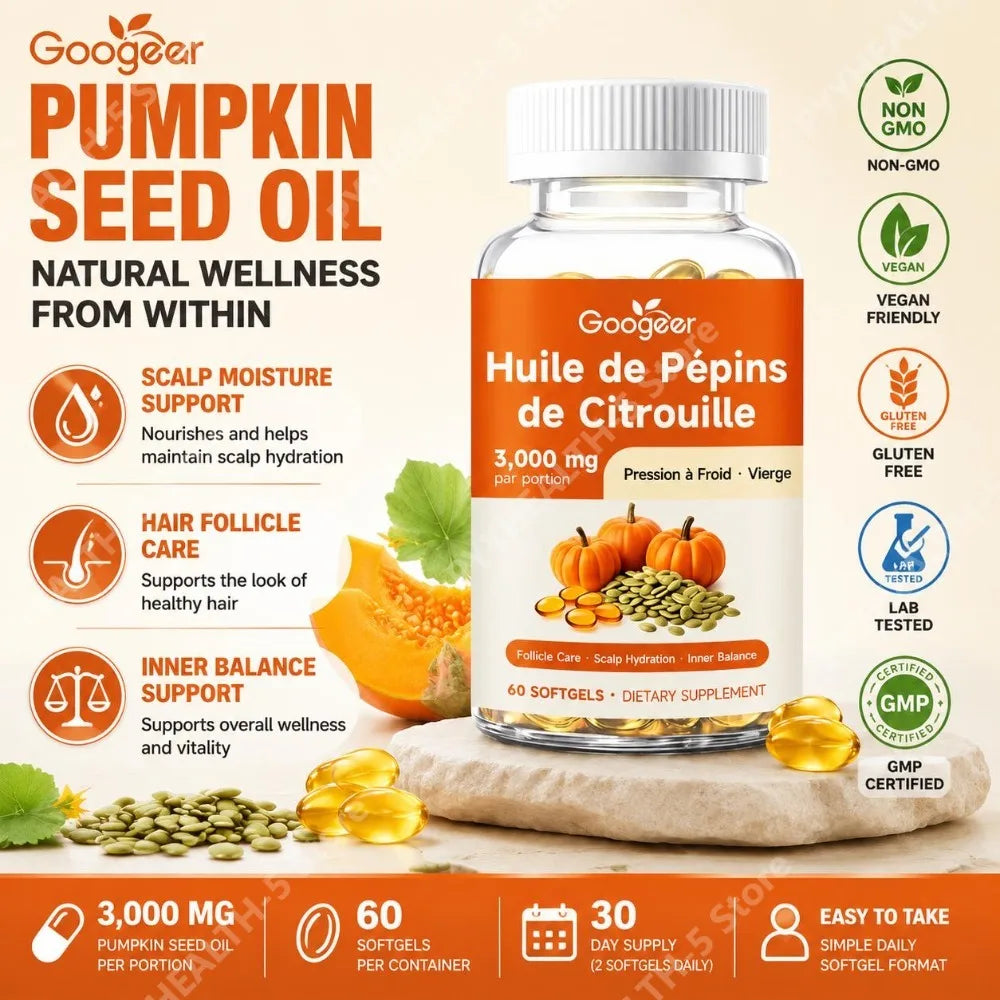Googeer Pumpkin Seed Oil Softgels Cold-Pressed 60 Count Herbal Supplement Qst