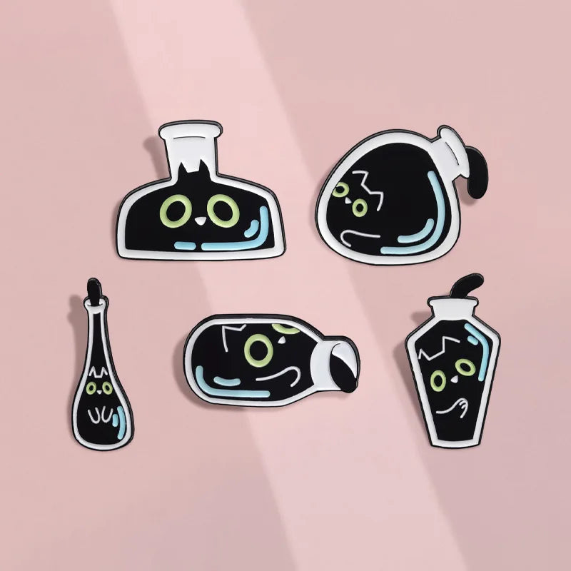 Cute Black Kitten Bottle Enamel Pin – Cartoon Cat Brooch Enamel Lapel Pin Qme