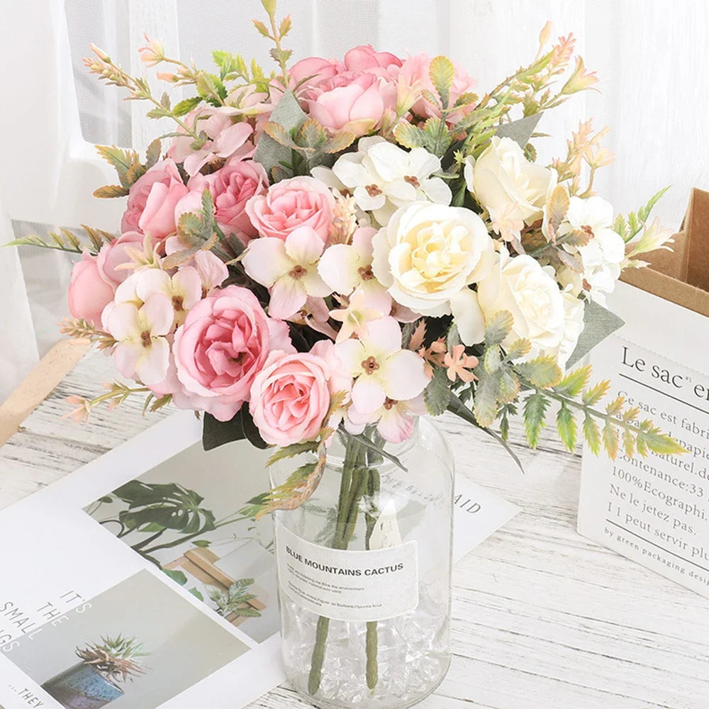 Autumn Artificial Silk Rose Peony Hydrangea Bouquet | Home Decor Artificial Flower Bouquet Qme