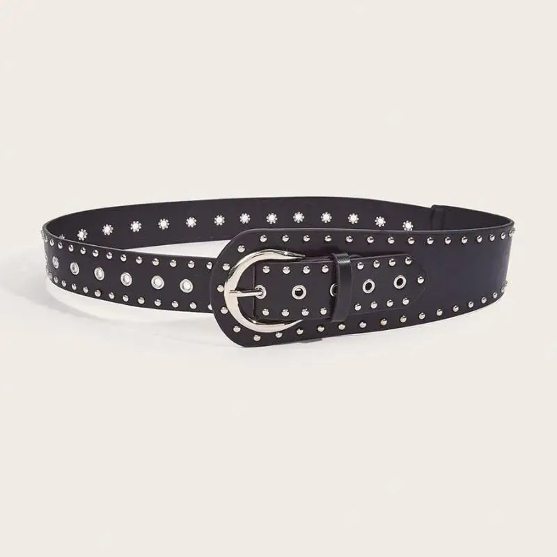 Retro Rivet Studded PU Leather Belt – Y2K Punk Waistband Studded Fashion Belt Qst Black