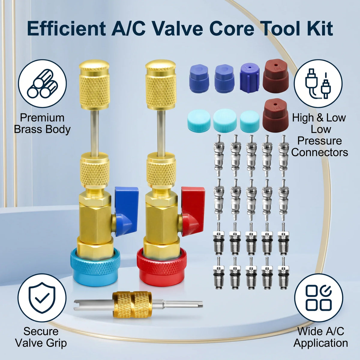 R134A Valve Core Removal Tool Set – 31-Piece AC Service Kit AC Valve Core Tool Set Qme