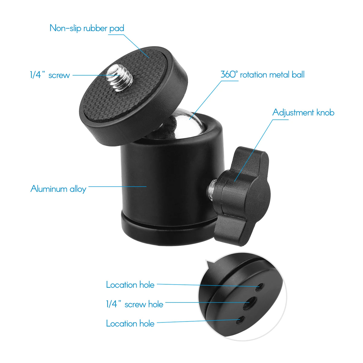 Mini Swivel Ball Head Tripod Mount 360° Rotation 1/4" Screw Tripod Ball Head Qst