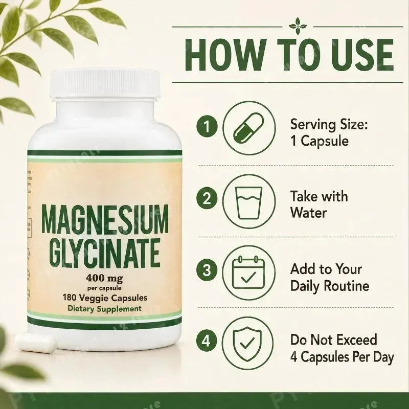 Magnesium Glycinate 400mg Capsules – Vegan, 180 Count Mineral Supplement Qst