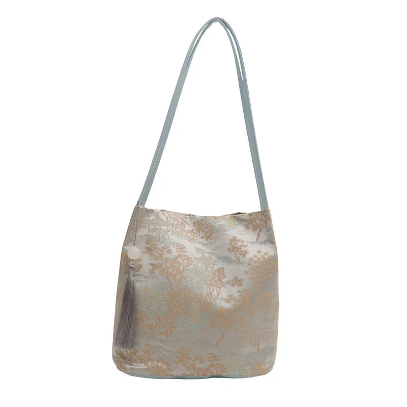 Women's Retro Chinese-Style Elegant Fabric Shoulder Tote Bag Shoulder Tote Bag Qme one size A