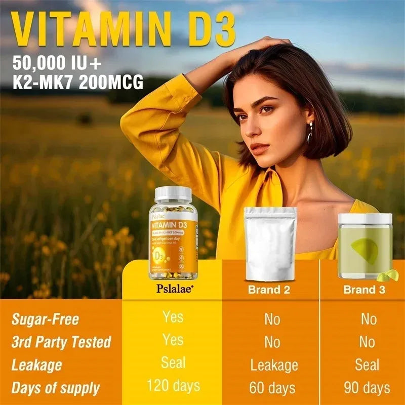Pslalae Vitamin D3+K2 Softgels – Bone & Heart Support Vitamin Supplement Qst