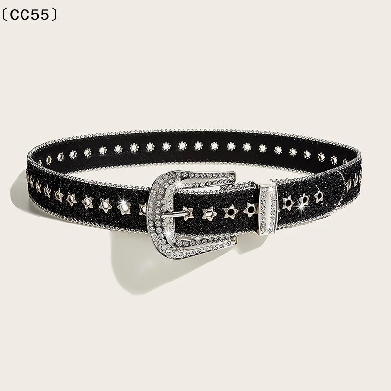 Rhinestone Buckle Belt – Punk Gothic PU Leather Waist Strap Fashion Belt Qst
