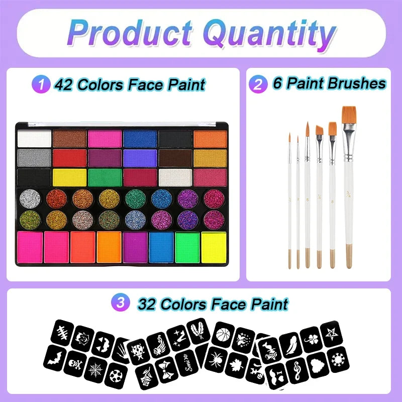 42-Color Water-Soluble Face & Body Paint Set with Brushes Face & Body Paint Kit Qme