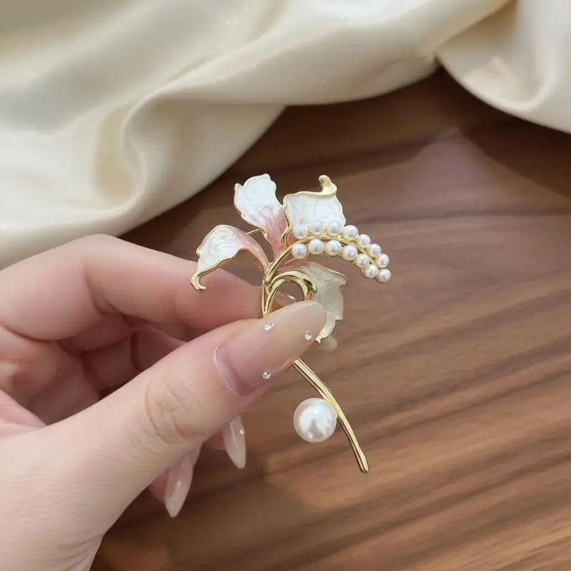 Enamel Pearl Lily Flower Brooch Pin for Women – 3 Colors Flower Brooch Pin Qme