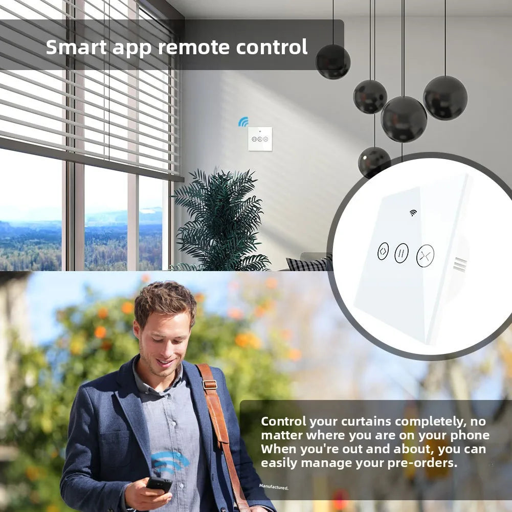 WiFi Smart Curtain Switch – Tuya App Control, Tempered Glass Smart Curtain Switch Qst