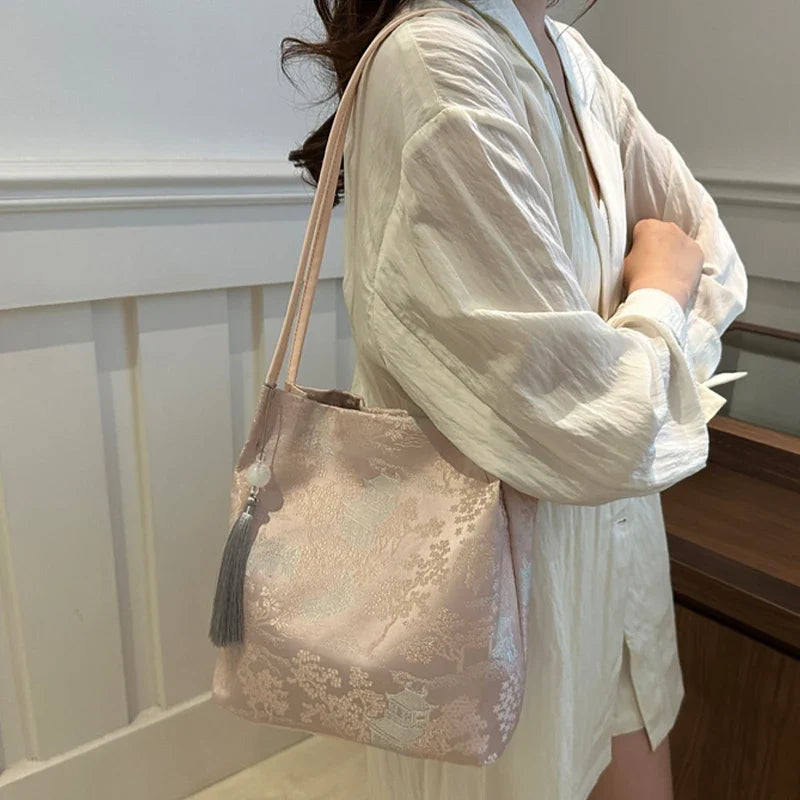 Women's Retro Chinese-Style Elegant Fabric Shoulder Tote Bag Shoulder Tote Bag Qme