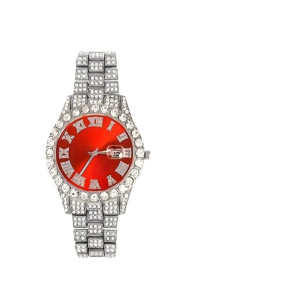 Diamond Studded Luxury Quartz Watch & Cuban Bracelet Set Quartz Watch Set Qme