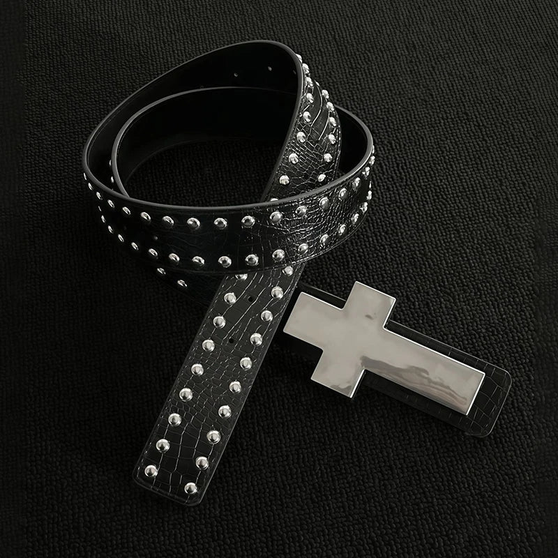 Gothic Punk Crackle Studded Metal Cross Belt for Women Gothic Studded Belt Qst A