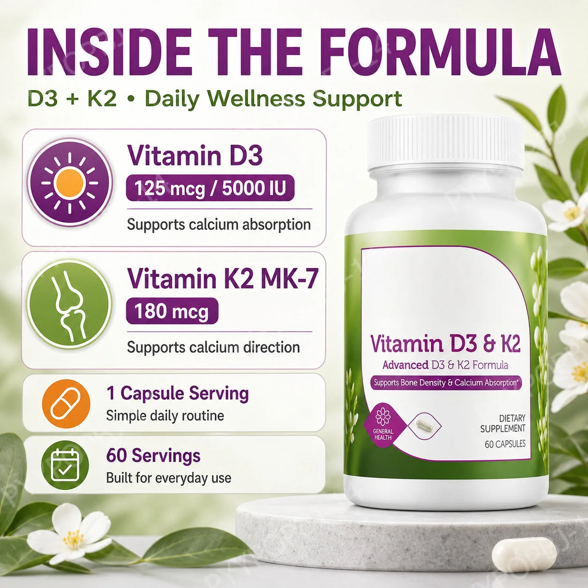 Googeer Advanced D3 & K2 Daily Supplement – 60 Capsules Vitamin Supplement Qst