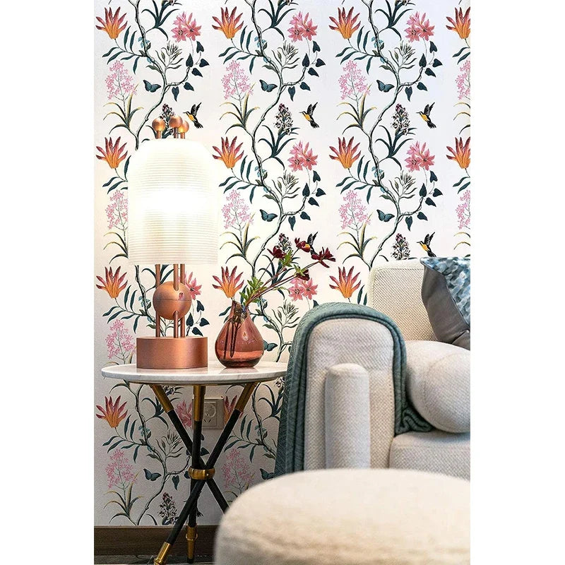 Peel & Stick Floral Bird Wallpaper – Pink Flower Wall Decor Peel & Stick Wallpaper Qme