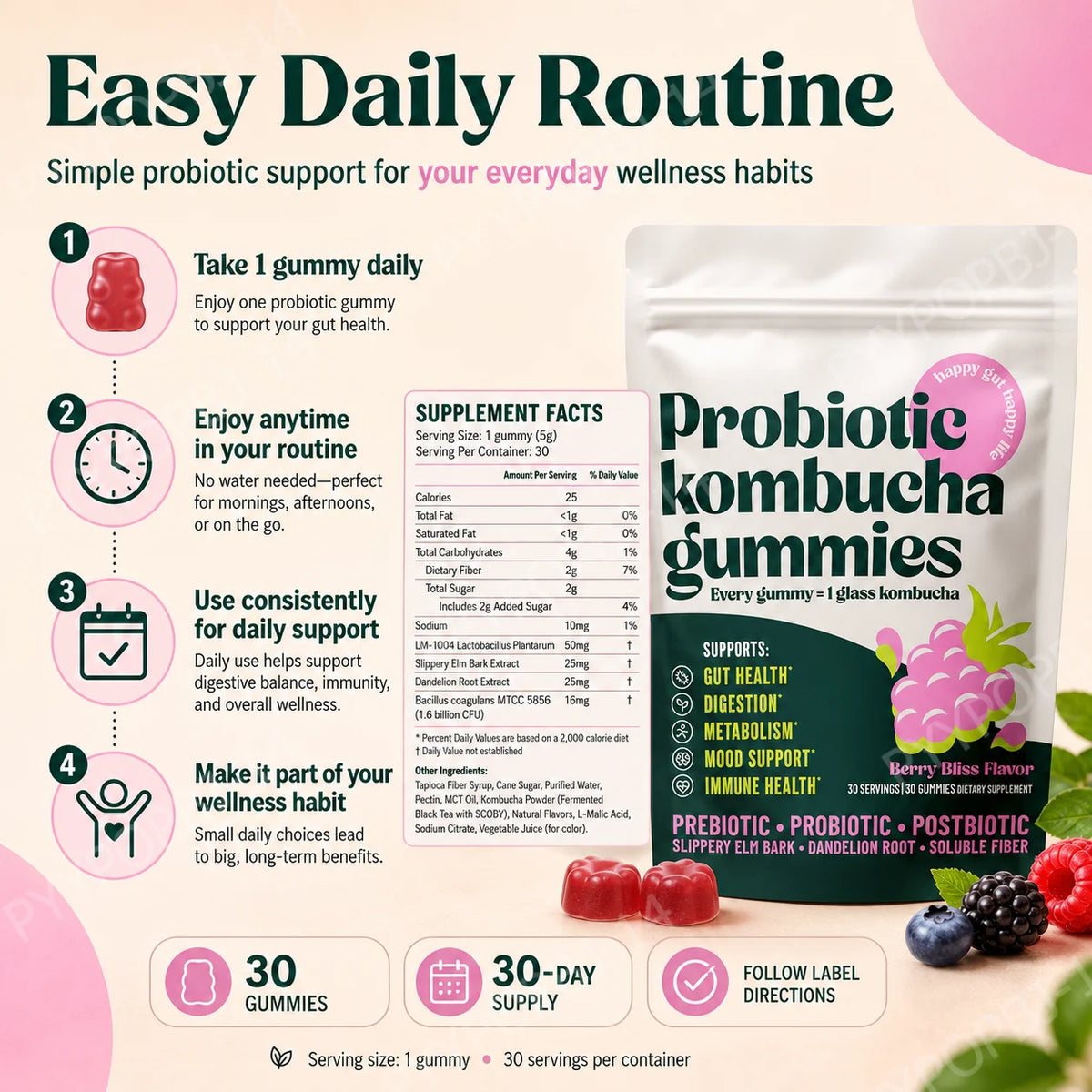 Probiotic Kombucha Gummies | Prebiotic Postbiotic – 30ct Probiotic Gummies Qst