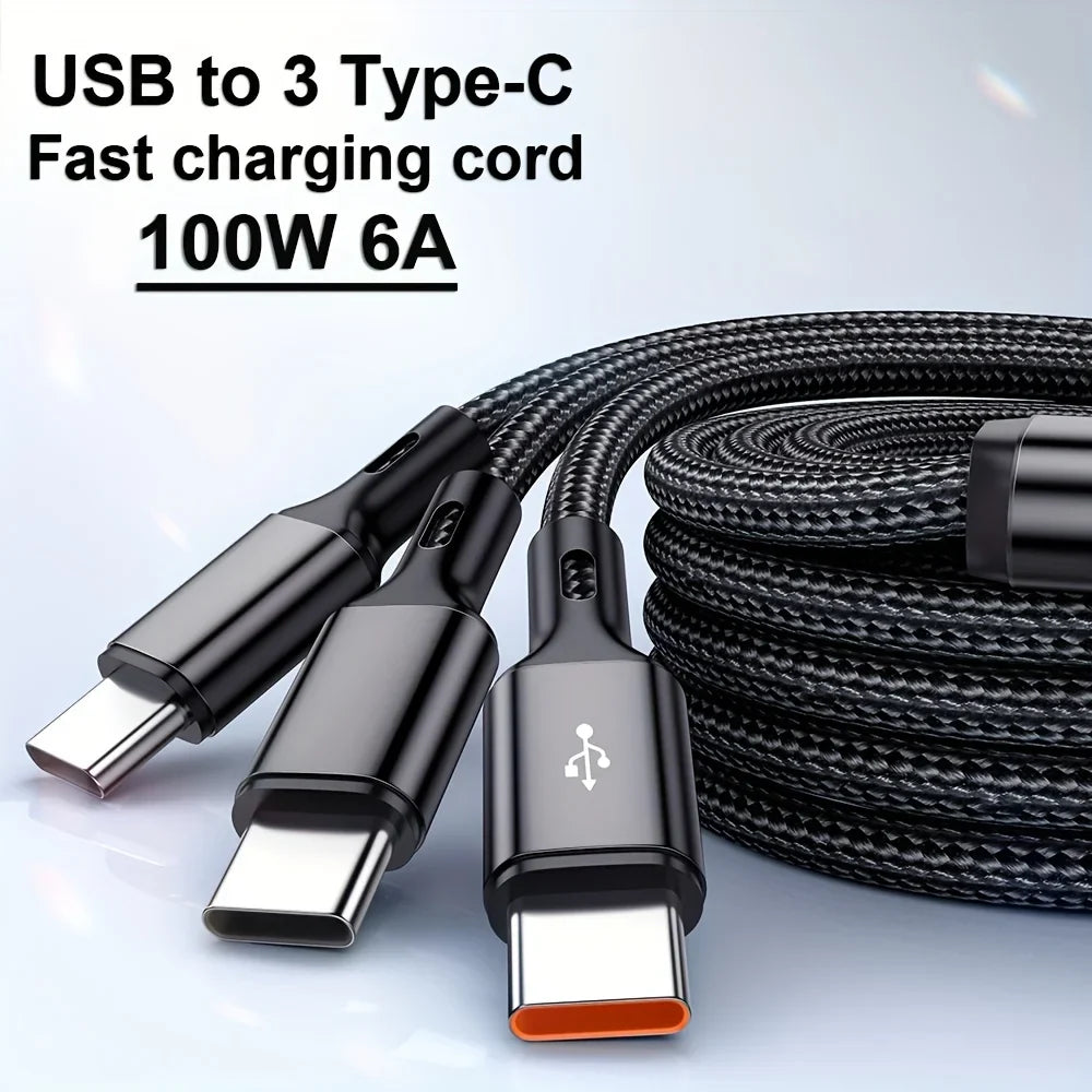 100W USB-C Fast Charging Cable 6A Nylon Braided Multi-Port USB-C Charging Cable Qme