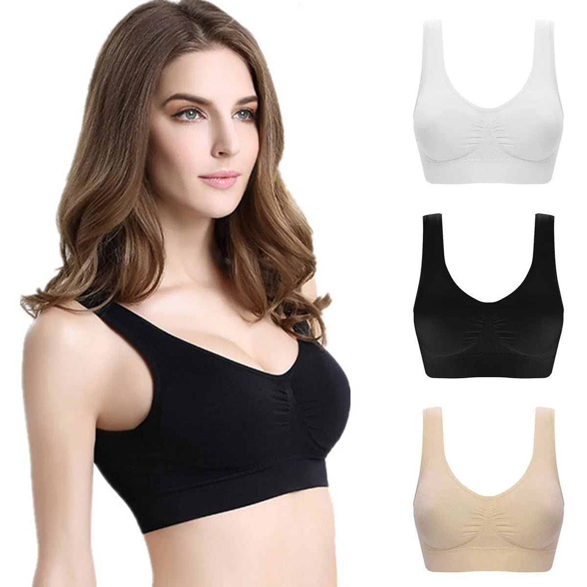 Women's Wirefree Sports Bra 3-Pack – Yoga & Push-Up Support Wirefree Sports Bra Qme