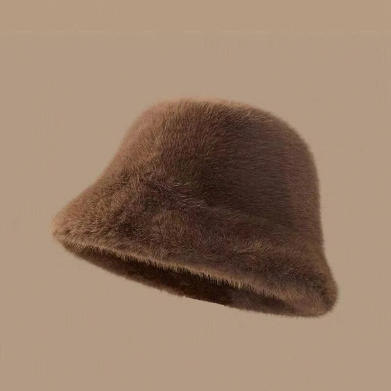 Women's Winter Plush Bucket Hat – Fluffy Windproof Fisherman Cap Winter Bucket Hat Qst Coffee