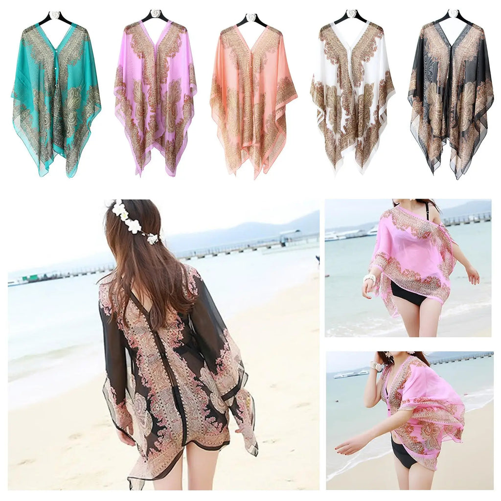 Women's Printed Chiffon Scarf Shawl – UV Beach Cover-Up Chiffon Scarf Shawl Qme