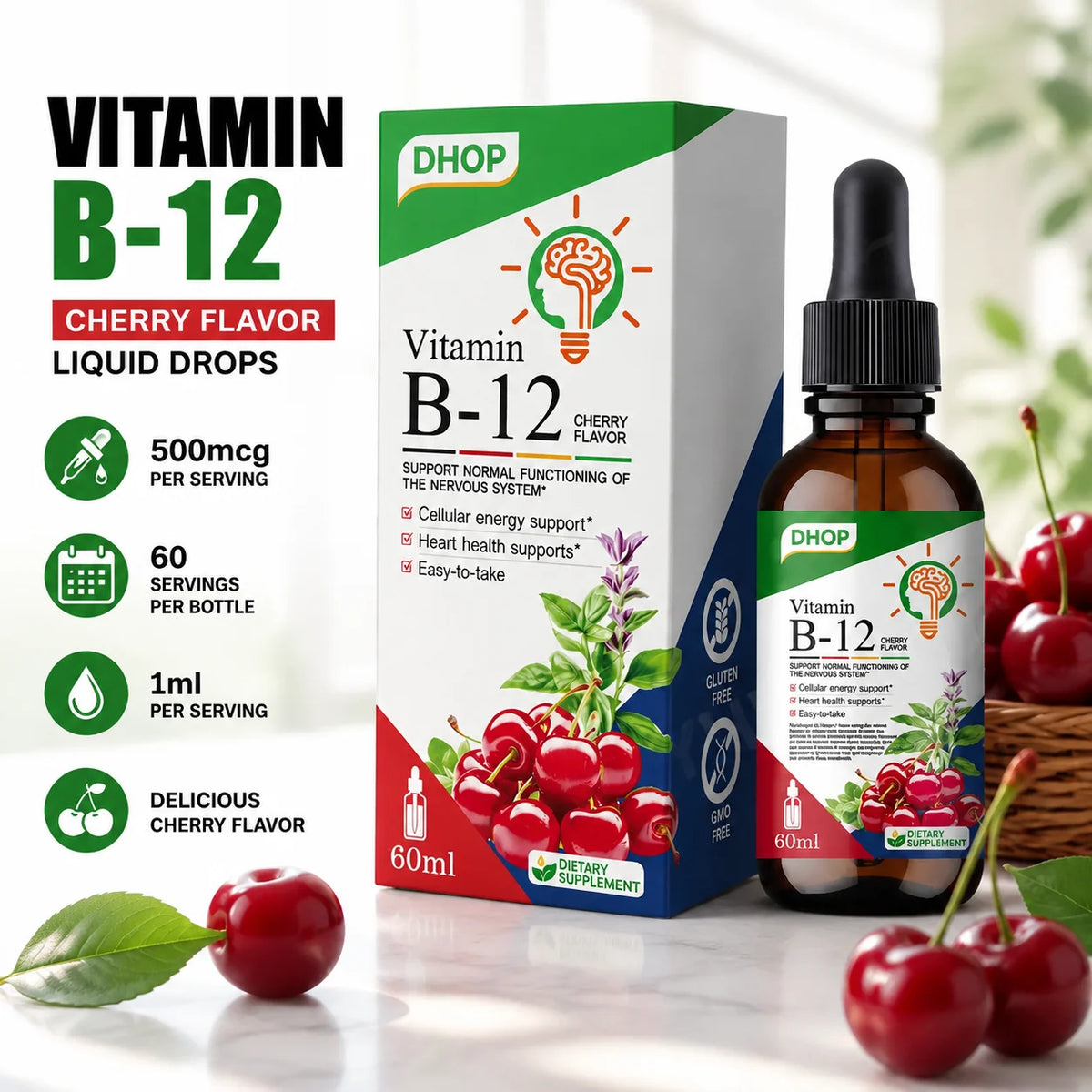 Vitamin B-12 Liquid Drops Methylcobalamin Cherry | 60ml Vitamin B12 Supplement Qst