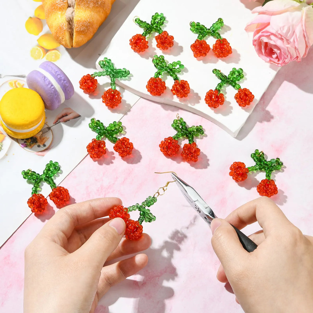3D Red Cherry Glass Seed Bead Dangle Charms for DIY Jewelry Beaded Dangle Charms Qme