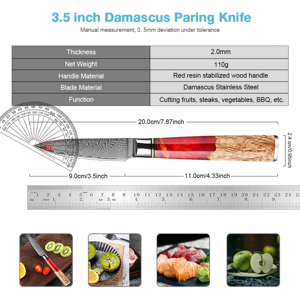 XITUO 3.5" Damascus VG10 Paring Knife – 67-Layer Red Resin Handle Damascus Paring Knife Qst