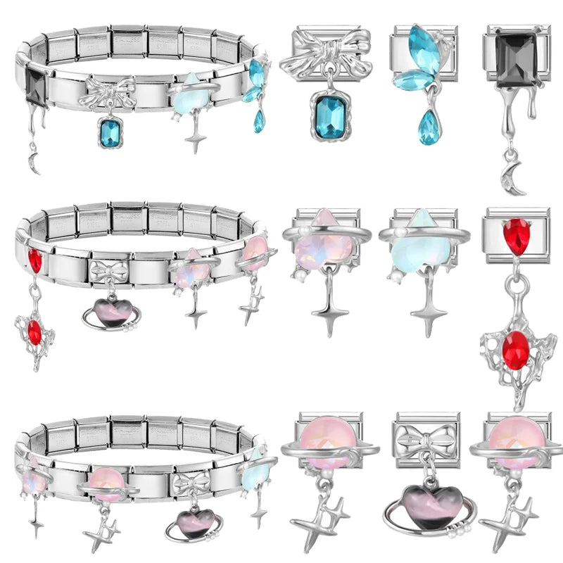 Zircon Italian Charm Links – Heart, Star & Bow | 9mm Steel Italian Charm Links Qme