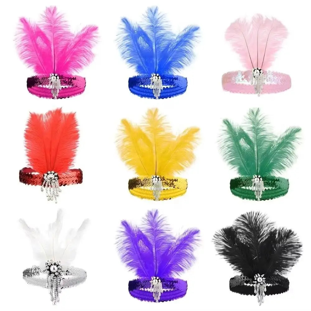 Retro 1920s Feather & Sequin Headband – Vintage Hair Hoop Feather Headband Qme