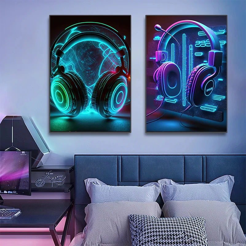 80s Neon Music Canvas Wall Art – DJ Guitar Punk Poster Décor Canvas Wall Art Qst