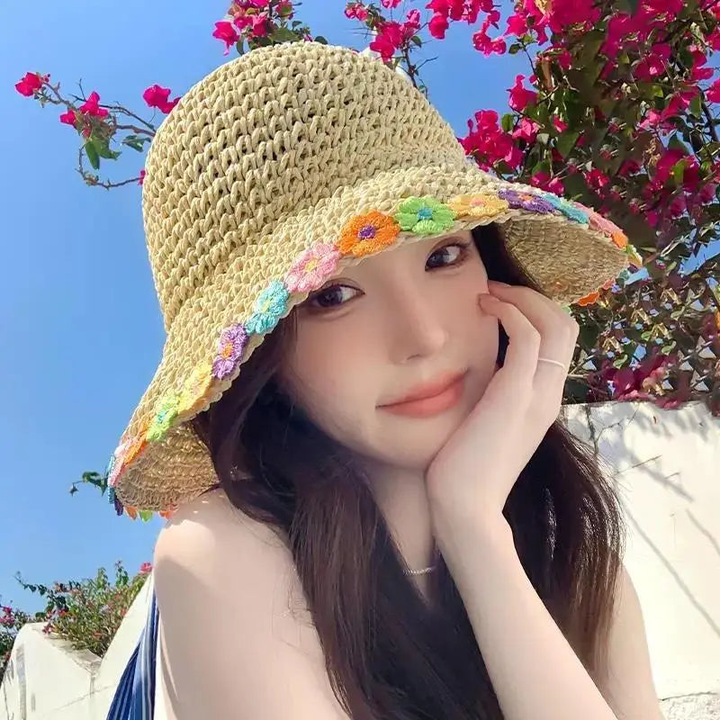Woven Flower Straw Fisherman Hat – Wide Brim Summer Beach Hat Straw Sun Hat Qst Beige